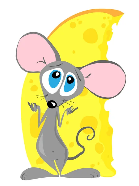 Смешная мышь, прячущая большой кусок сыра, расправляет руки. — стоковый вектор