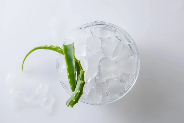 Aloë Vera bladeren en stukjes ijs op een witte achtergrond — Stockfoto