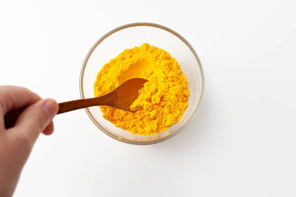 Bright Yellow Aromatic Spice Turmeric Health Beauty Close Hand Stirring — Stock Photo, Image