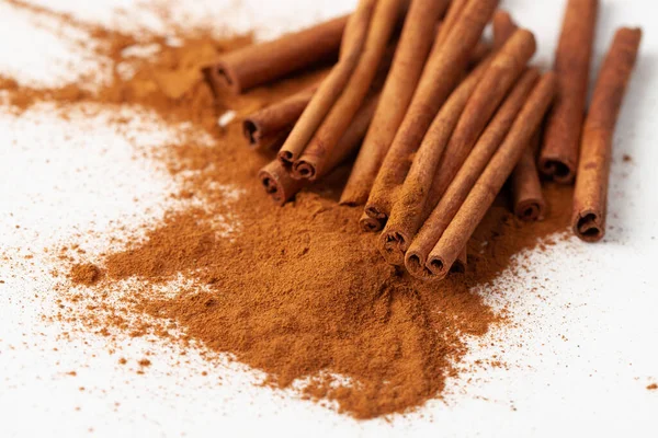 Background Image Pile Ground Cinnamon Cinnamon Sticks White Background Use — Stock Photo, Image