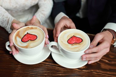 Bride and grooms Coffee time, coffee break.Cups with hearts clipart