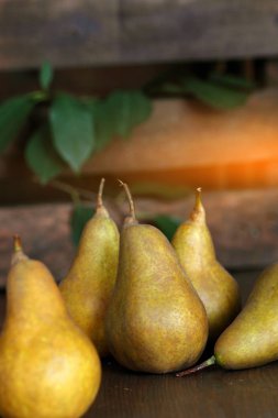 olgun armut yalan eski rendelenmiş ahşap kurullarında grup.