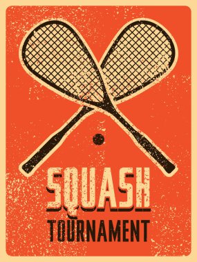 Squash turnuvası tipografik klasik grunge tarzı poster. Retro vektör illüstrasyonu.