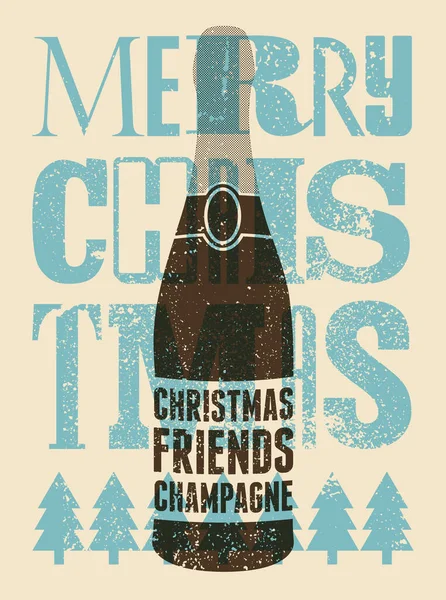 圣诞快乐 用香槟酒瓶包装的老式圣诞贺卡或招贴画 圣诞节 朋友们 回溯矢量说明 — 图库矢量图片