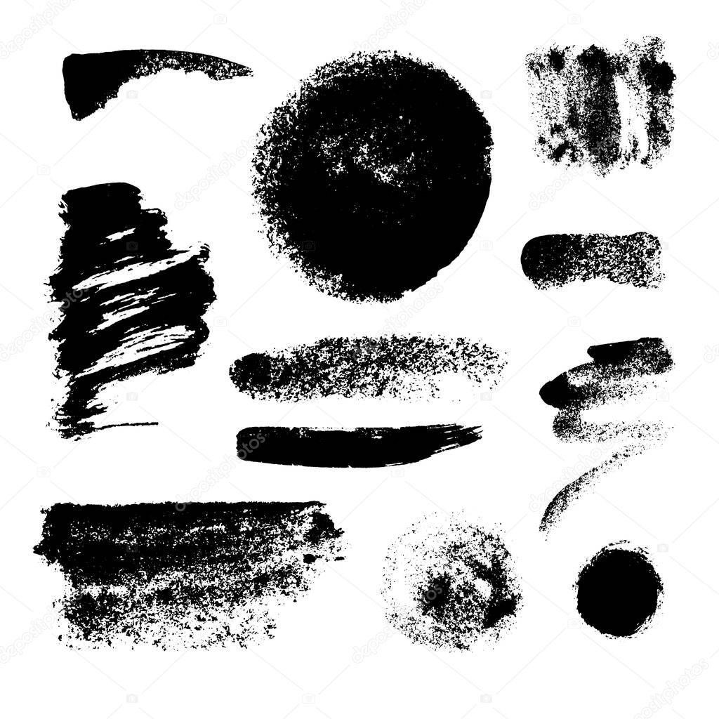 Monochrome abstract vector grunge textures. Set of hand drawn paint brush strokes and stains.