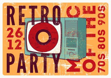 Retro Party tipografik grunge poster tasarımı, eski televizyon seti ve vinil disk. Vektör illüstrasyonu.