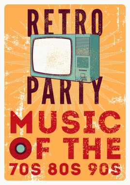 Eski televizyonlu Retro Party tipografik grunge poster tasarımı. Vektör illüstrasyonu.