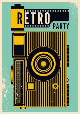 Retro Party daktilo tarzı grunge tarzı fotoğraf makinesi ve kamera kaydıyla. Retro vektör illüstrasyonu.