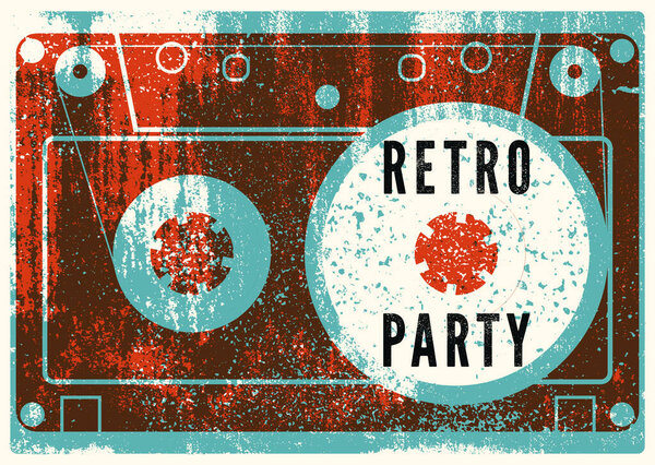 Retro Party typographic grunge poster design with audio cassette. Vector illustration.
