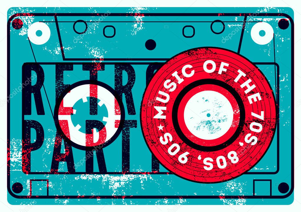Retro Party typographic grunge poster design with audio cassette. Vector illustration.