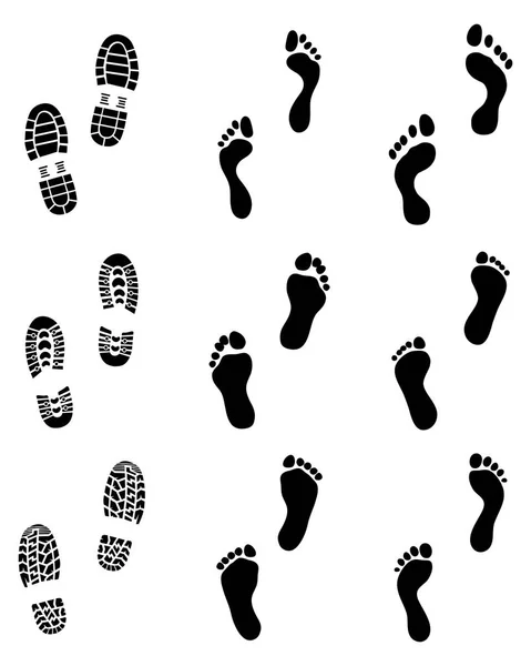 Schwarze Abdrücke Menschlicher Füße Und Schuhe Vektorillustration — Stockvektor