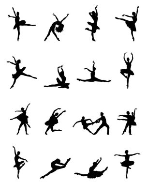 Balerinler beyaz arka planda siyah siluetleri
