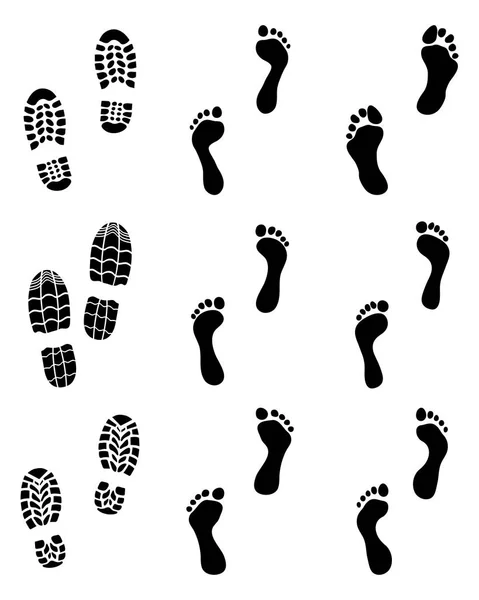Μαύρες Εκτυπώσεις Από Ανθρώπινα Πόδια Και Παπούτσια Εικονογράφηση Διάνυσμα — Διανυσματικό Αρχείο