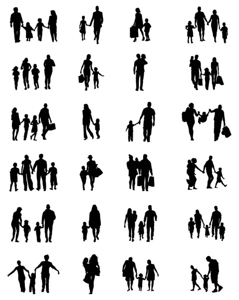 Black Silhouettes Families Walk White Background — Stock Vector