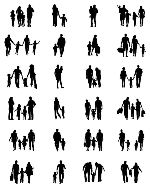 Black Silhouettes Families Walk White Background — Stock Vector