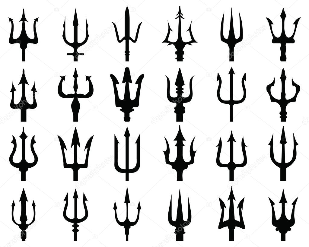 Set of black silhouettes of trident on a white background