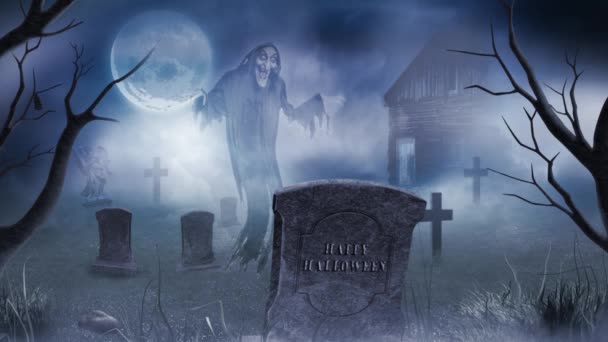 Ghostly Graveyard Happy Halloween Moonlight Features Ghost Floating Cemetery Fog — Stock Video