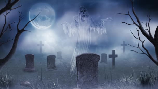 Ghostly Graveyard Moonlight Features Ghost Floating Cemetery Fog Clouds Full — Stock Video