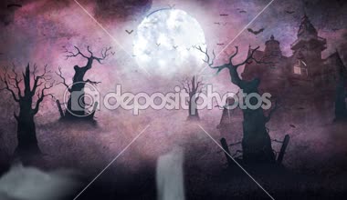 Hayalet orman Haunted Mansion 4k döngü yarasalar ve bir döngü suluboya bir arka plan ile uçan hayaletler ile perili bir orman ve konak manzara özellikleri