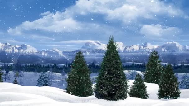 Pan Pine Trees Snow Capped Mountains Snow Apresenta Uma Câmera — Vídeo de Stock