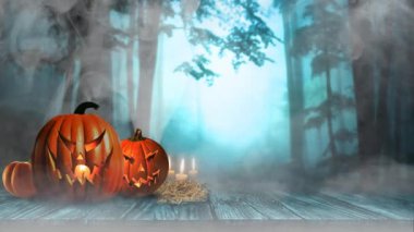 4k Sisteki tahta üzerinde Pumpkins Jack-O-fener ve sis ve duman üfleme ile ahşap bir geçit mum özellikleri