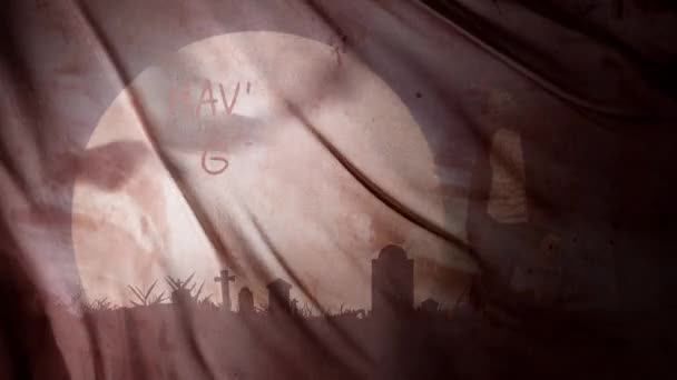 Зомби Кладбище Через Ткань Гори Хэллоуин Показывает Силуэт Кладбища Против — стоковое видео
