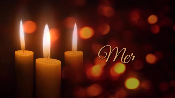 Candles Merry Christmas Lights Features Three Holiday Candles Flickering Atmosphere — Stock Video