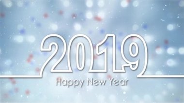 Mutlu yeni yıl 2019 hatta beyaz 4k döngü bir şık 2019 kadar yükselen ile mavi ışık ve sahne bir döngü içinde akan beyaz glitter ile beyaz bir arka plan özellikleri