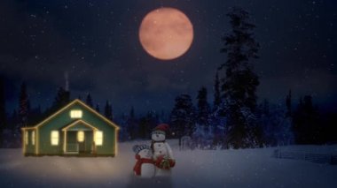 Noel kabin Snowpeople 4k döngü özellikleri ile dağlarda kar insanların önünde bir dolunay yükü ile dağlarda ışıklı bir kabin ve bir döngü içinde kar yağışı.
