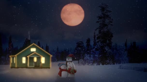 Рождественская Хижина Горах Снежными Людьми Петля Изображает Снежных Людей Перед — стоковое видео