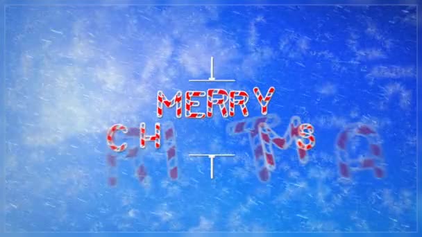 Joyeux Noël Fenêtre de flocon de neige Frost 4K Loop dispose d'une vue à travers une fenêtre de glaçage vers un ciel bleu avec des nuages en mouvement et un flocon de neige animé avec une canne à bonbons Joyeux Noël message dans une boucle 