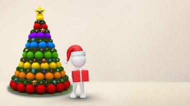 Beyaz figür Noel hediyesi Oda 4k döngü özellikleri beyaz bir 3d şekil bir hediye için bir mesaj hazır bir çıplak beyaz odada sunan Santa şapka içinde.