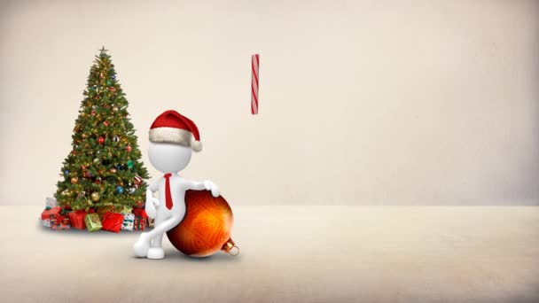 アニメーションのクリスマス メッセージと裸の白い部屋のクリスマス飾りにもたれてサンタ帽子でテキスト ループ機能白い 図と白図クリスマス飾り — ストック動画