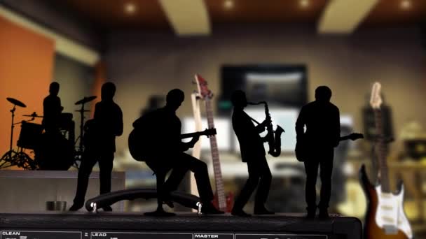岩それミュージシャン シルエット カメラ アニメーション シルエット演奏ギター アンプの上に被写し界深度とバックの録音スタジオを持つスタジオ カメラ機能でぼかし — ストック動画