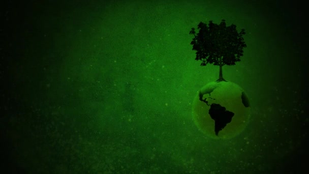 地球日树地球生长背景4K 循环的特点是绿色的格格背景与旋转地球和树在一个循环的顶部 — 图库视频影像