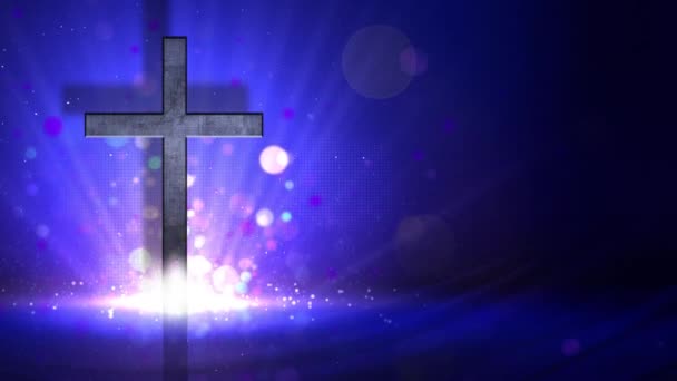 Croix explosive sur fond bleu La boucle comporte une croix métallique sombre rayée sur un fond bleu avec une lumière explosant à la base avec une zone ouverte prête pour votre texte personnalisé 