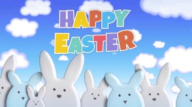 Mutlu Paskalya tavşanı Mart 4 k döngü özellikleri kayan bulutlar ile ekranın ve animasyonlu bir Happy Easter iletisi arasında ileri geri sallanan tavşan çizgi film