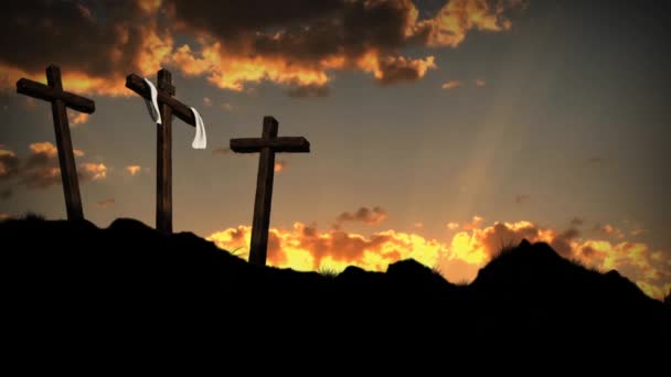 Три Хрести Золотий Вранці Порожній Має Три Хрести Пагорбі Рухомих — стокове відео