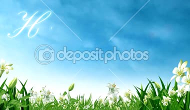 Mutlu Paskalya ışık ışınları Lilly alan üzerinde 4k döngü haddeleme bulutların üzerinde animasyonlu bir Happy Easter iletisiyle zambaklarla alanının özellikleri metinden yayılan ışınları ışık