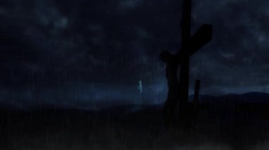 Cennet ağlıyor Good Friday çapraz 4 k bir yan görünümü siluet İsa'nın çarmıhta haddeleme ile yağmur ve yıldırım bir fırtına ile özellikleri.