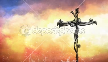 Çapraz çivi doğru ön planda yapılmış bir haç ile altın bir animasyonlu bulutlu atmosferi ateşli bulutlar 4 k özellikleri karşı çivilenmiş