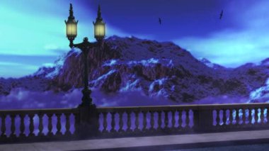 Fantezi köprü 4k bulutların üstünde dönen bulutlar ve sis ön planda parlayan sokak lambası ile bir köprü ile Dağları üzerinden akan özellikleri.