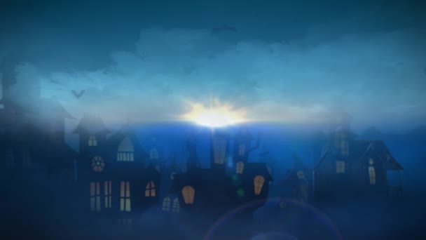 Мати Привидами Будинок Хеллоуїн Loop Має Місто Привидами Будинків Тумані — стокове відео