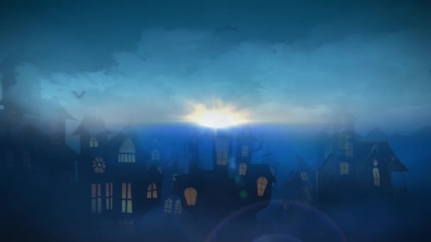 Avoir une maison hantée Halloween 4K Loop dispose d'une ville de maisons hantées dans la brume avec un texte hanté Halloween 