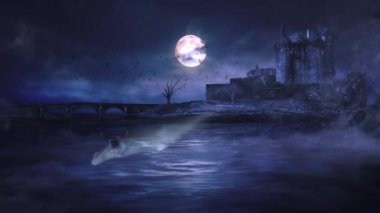 Yarasalar ve Hayaletler 4k Loop ile Dark Lake Castle bir döngü içinde sahne üzerinde uçan haddeleme sis ve yarasalar ve hayaletler ile ürkütücü bir göl ve dolunay tarafından eski bir kale özellikleri