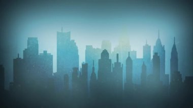 Misty City Blues 4k Loop bir döngü içinde hareketli bulutlar ve sis ile bir şehrin bir siluet özellikleri.