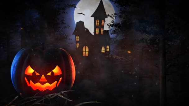 Kabak Yarasalar Loop Ile Halloween Haunted Mansion Arkasında Bir Dolunay — Stok video