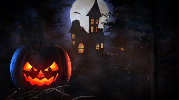 Halloween Haunted Mansion with Pumpkin and Bats 4K Loop présente la silhouette d'un manoir hanté avec une pleine lune derrière et des chauves-souris volantes tournantes avec une citrouille rayonnante au premier plan dans une boucle 