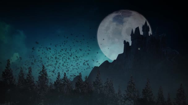 Happy Halloween Dark Castle Bat Swarm Loop Har Ett Spökslott — Stockvideo