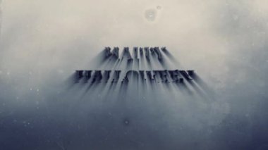 Mutlu Halloween Metalik Mesaj Gözleri 4k Loop özellikleri duman ve parçacıklar ekran boyunca yüzen ve Mutlu Halloween metin gözleri yanıp sönen bir grunge arka plan üzerinde yazma.
